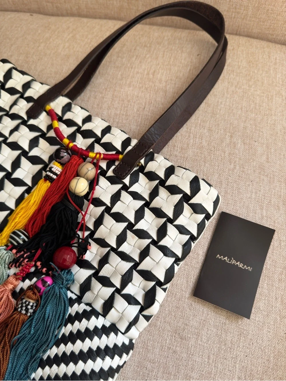 Maliparmi Woven Leather Tassel Tote Bag Black White